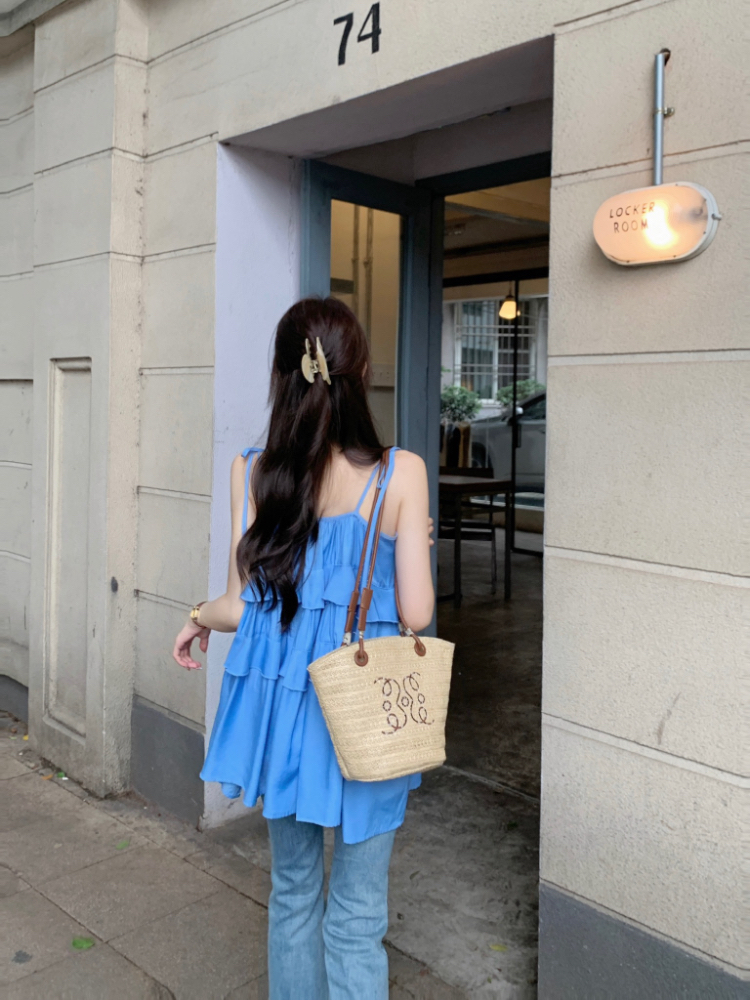 Yellow refreshing vest lotus leaf edges tops for women