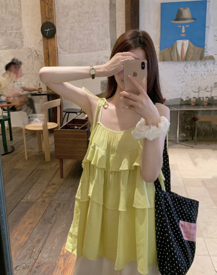 Yellow refreshing vest lotus leaf edges tops for women