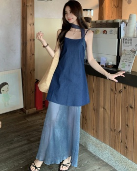 Sling loose tops high waist gauze skirt 2pcs set