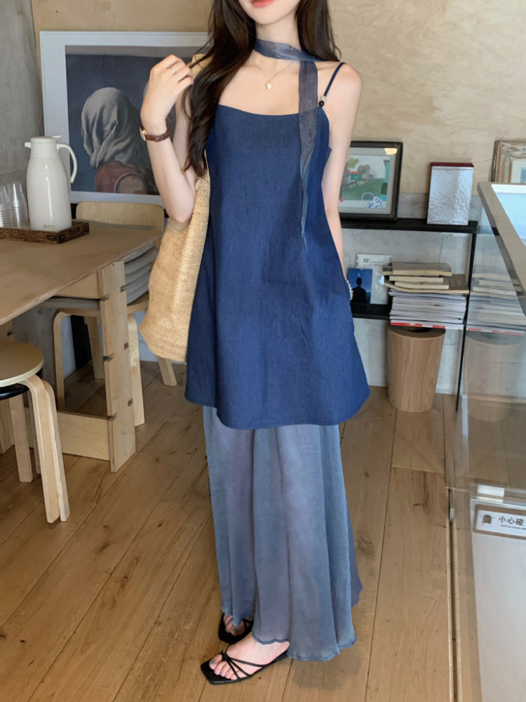 Sling loose tops high waist gauze skirt 2pcs set