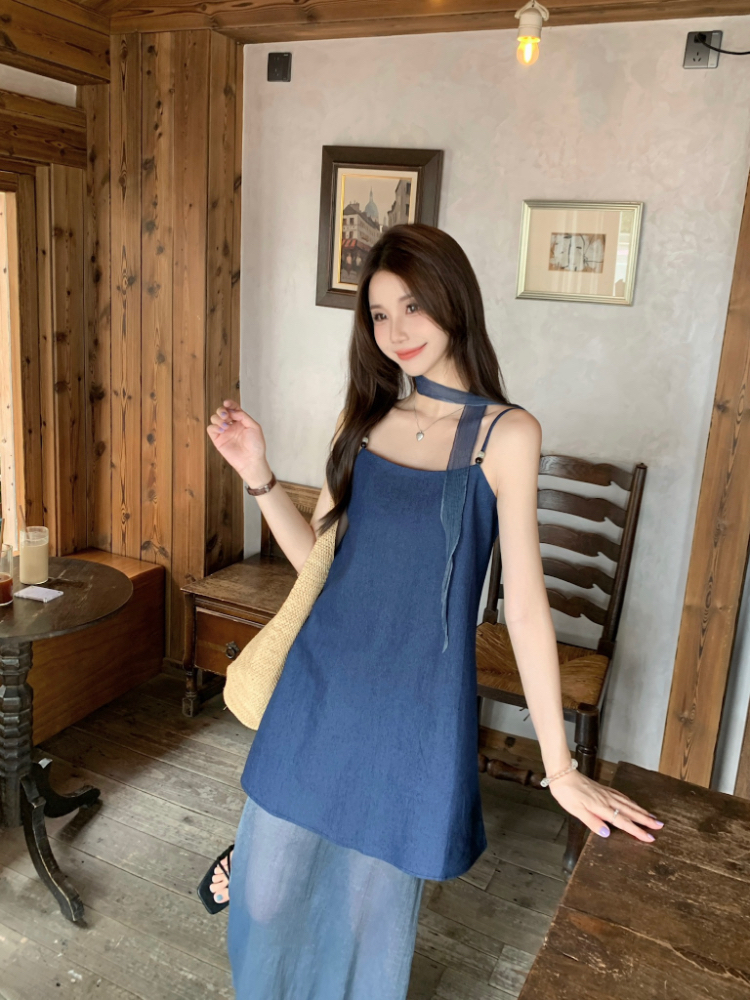 Sling loose tops high waist gauze skirt 2pcs set