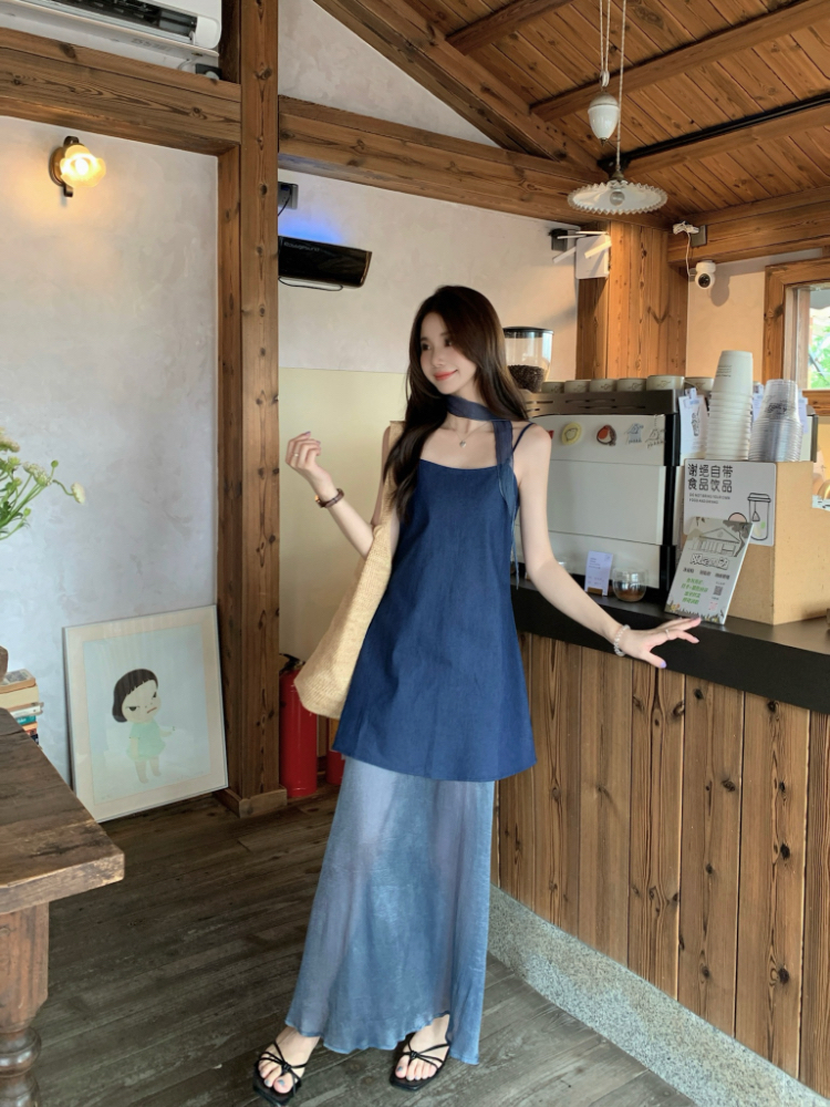 Sling loose tops high waist gauze skirt 2pcs set