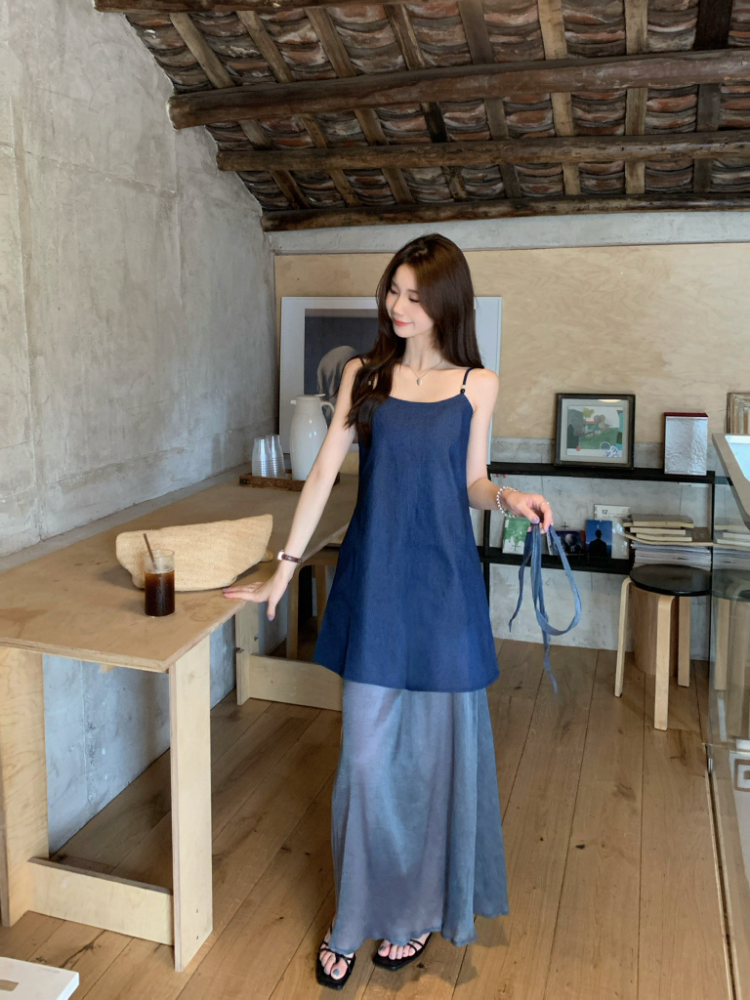 Sling loose tops high waist gauze skirt 2pcs set