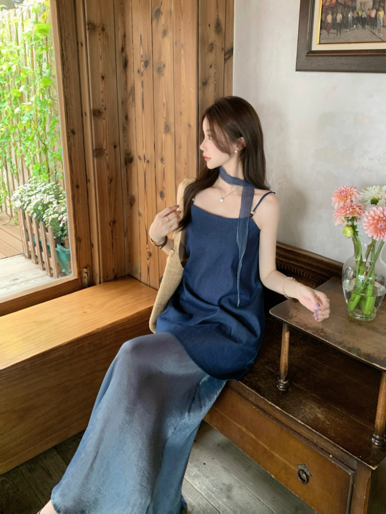 Sling loose tops high waist gauze skirt 2pcs set