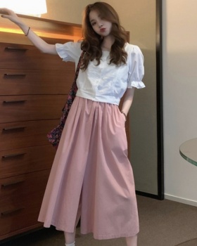 Lace loose wide leg pants square collar shirt a set