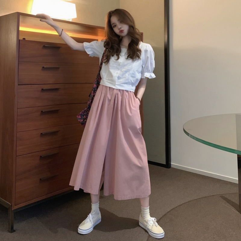 Lace loose wide leg pants square collar shirt a set