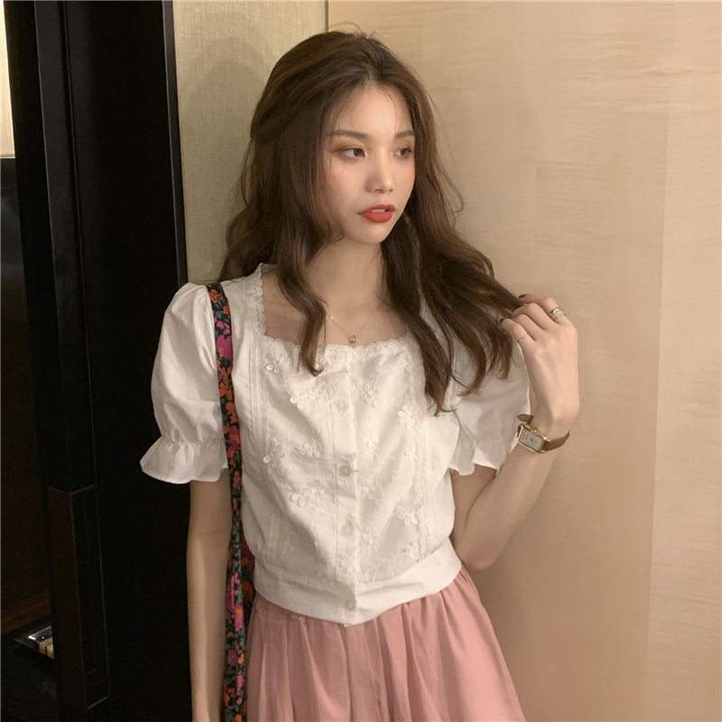 Lace loose wide leg pants square collar shirt a set
