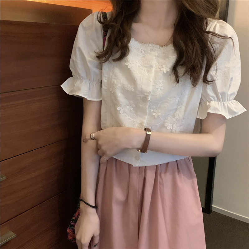 Lace loose wide leg pants square collar shirt a set