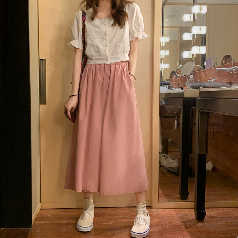 Lace loose wide leg pants square collar shirt a set