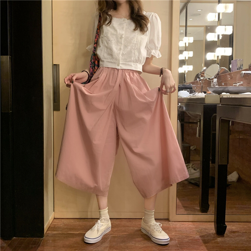 Lace loose wide leg pants square collar shirt a set