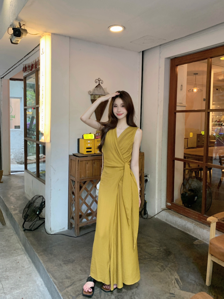 Pinched waist dress sleeveless long dress for women