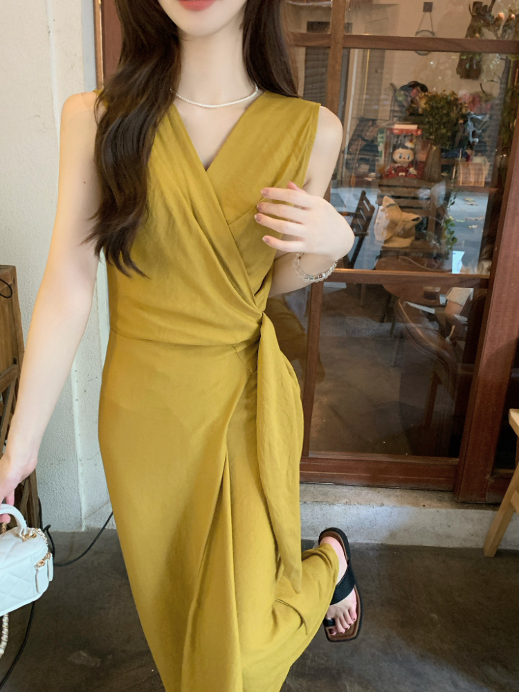 Pinched waist dress sleeveless long dress for women