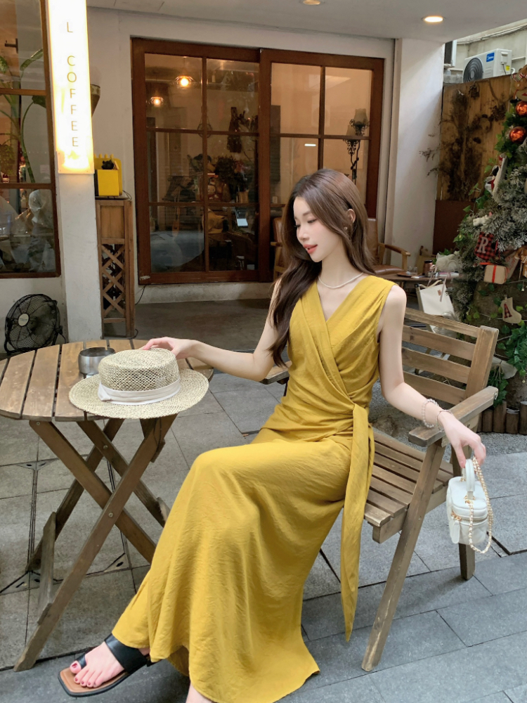 Pinched waist dress sleeveless long dress for women