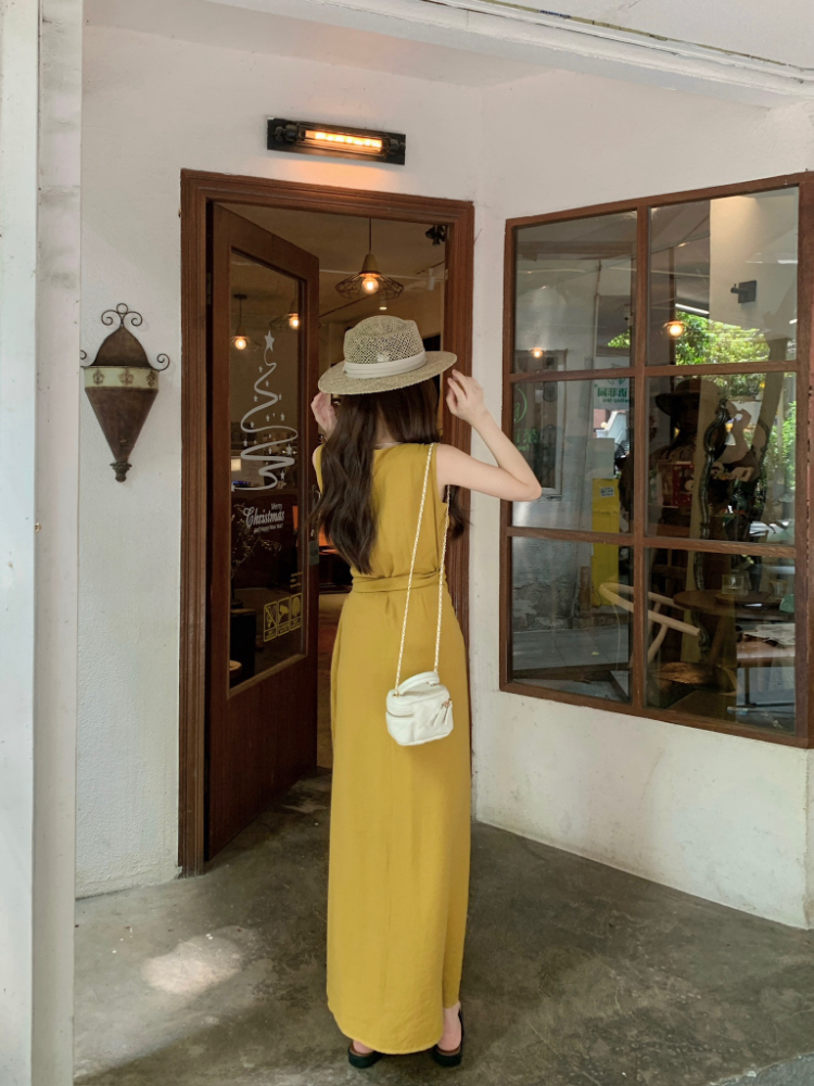 Pinched waist dress sleeveless long dress for women