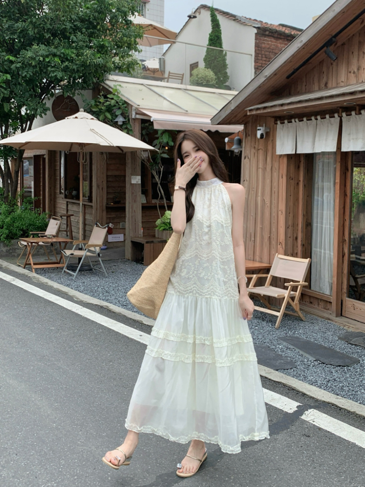 Sleeveless simple long loose embroidery wood ear dress