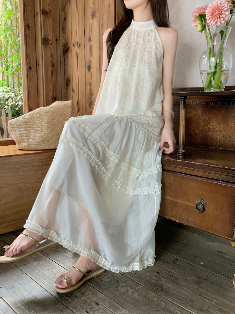 Sleeveless simple long loose embroidery wood ear dress