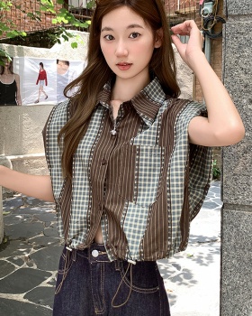 Short drawstring plaid shirt sleeveless summer tops