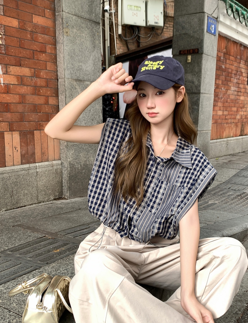 Short drawstring plaid shirt sleeveless summer tops