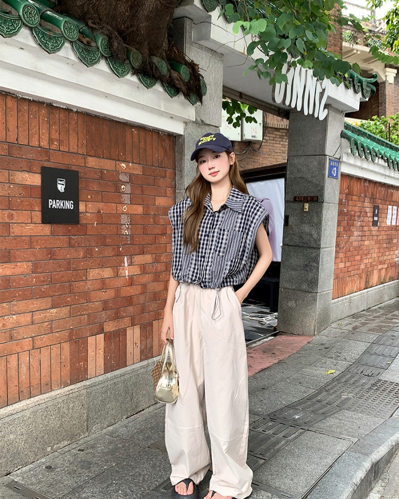 Short drawstring plaid shirt sleeveless summer tops