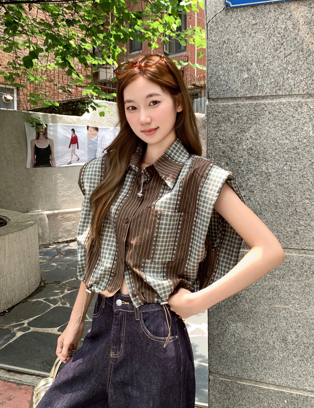 Short drawstring plaid shirt sleeveless summer tops