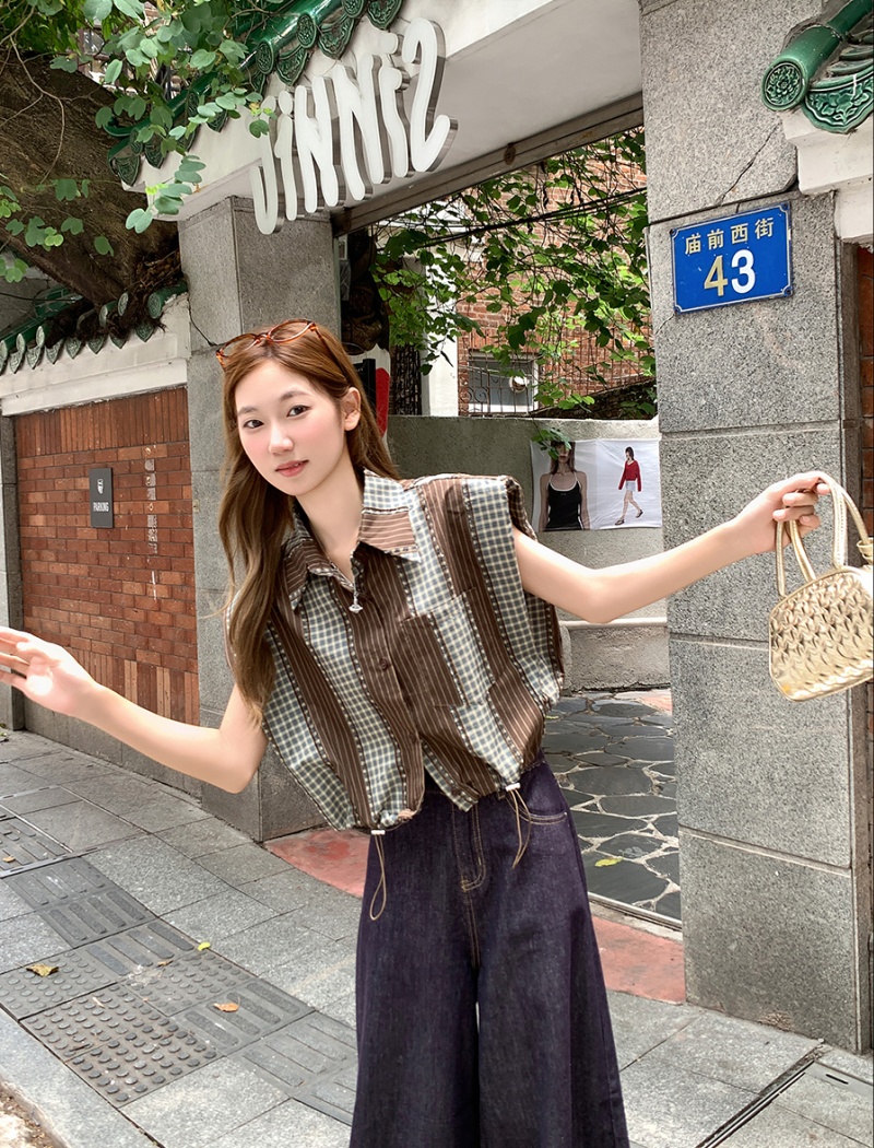 Short drawstring plaid shirt sleeveless summer tops