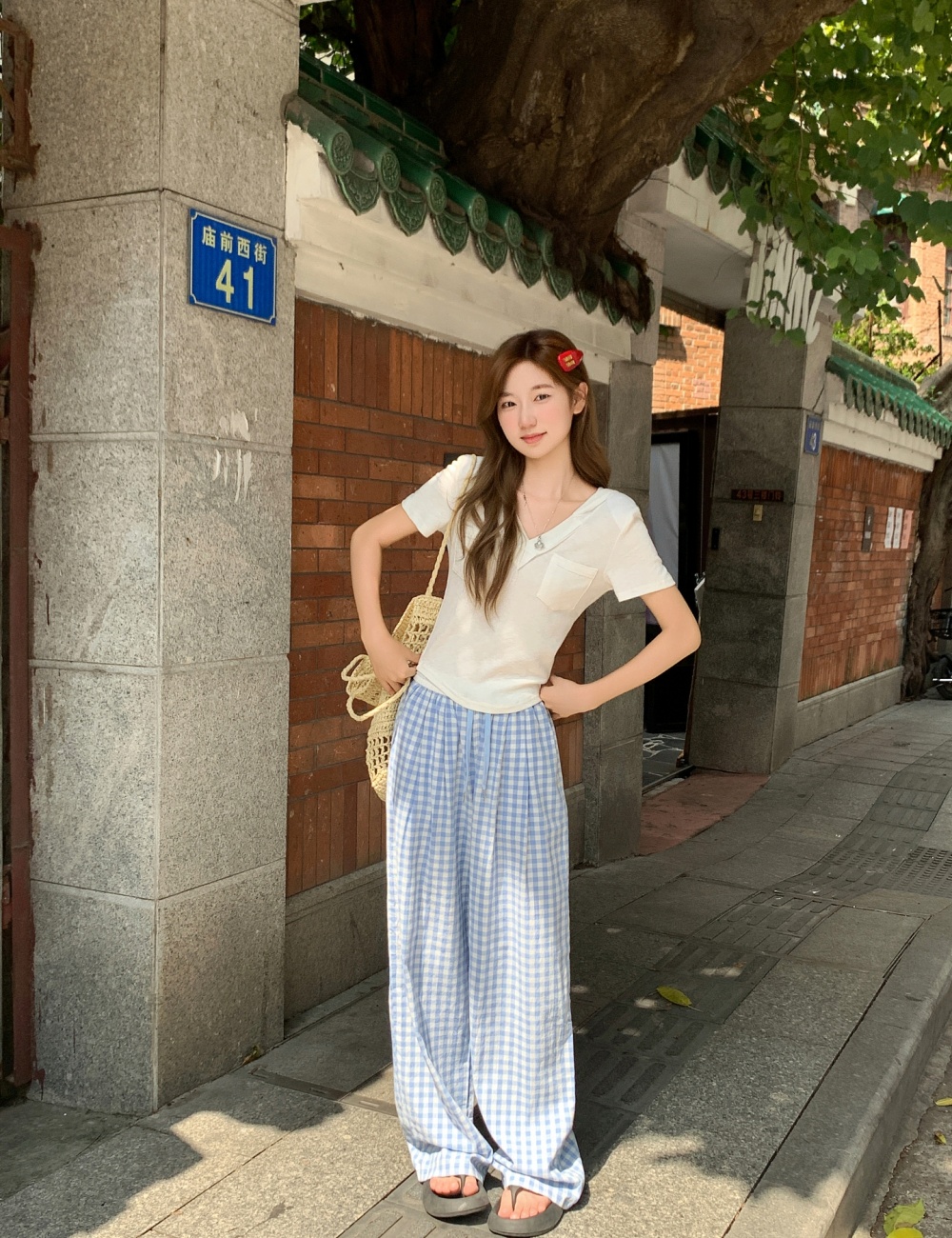 V-neck slim tops white summer T-shirt for women