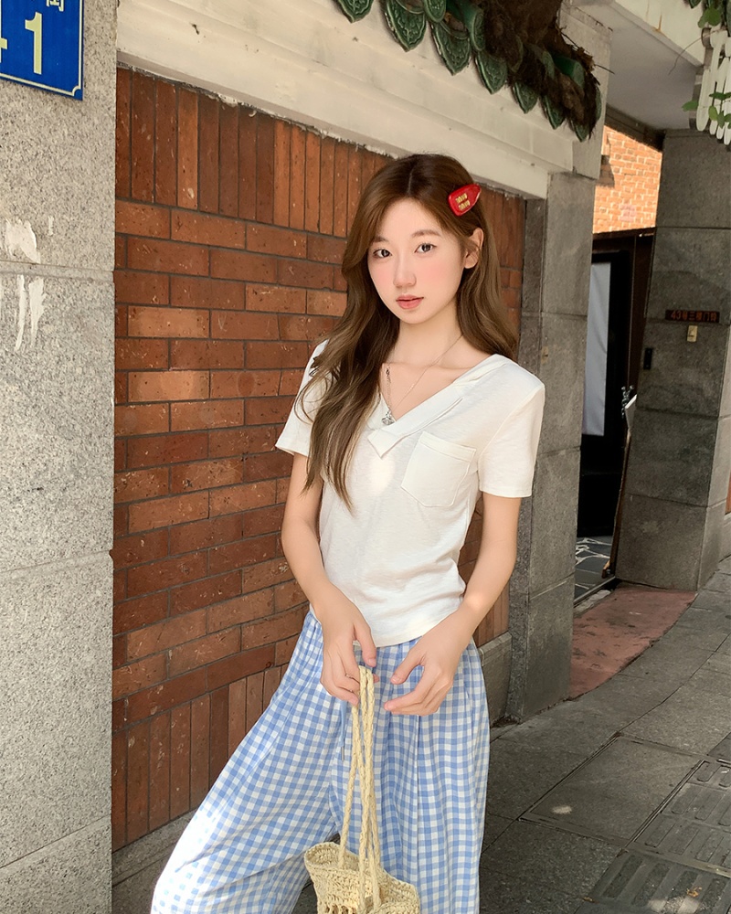 V-neck slim tops white summer T-shirt for women