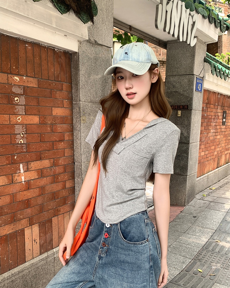 V-neck slim tops white summer T-shirt for women