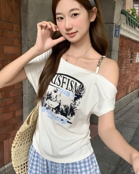 Printing tops sloping shoulder T-shirt for women