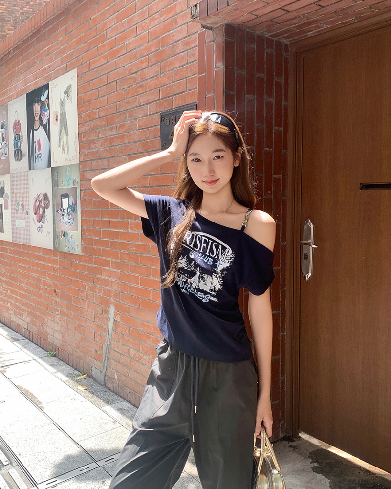 Printing tops sloping shoulder T-shirt for women