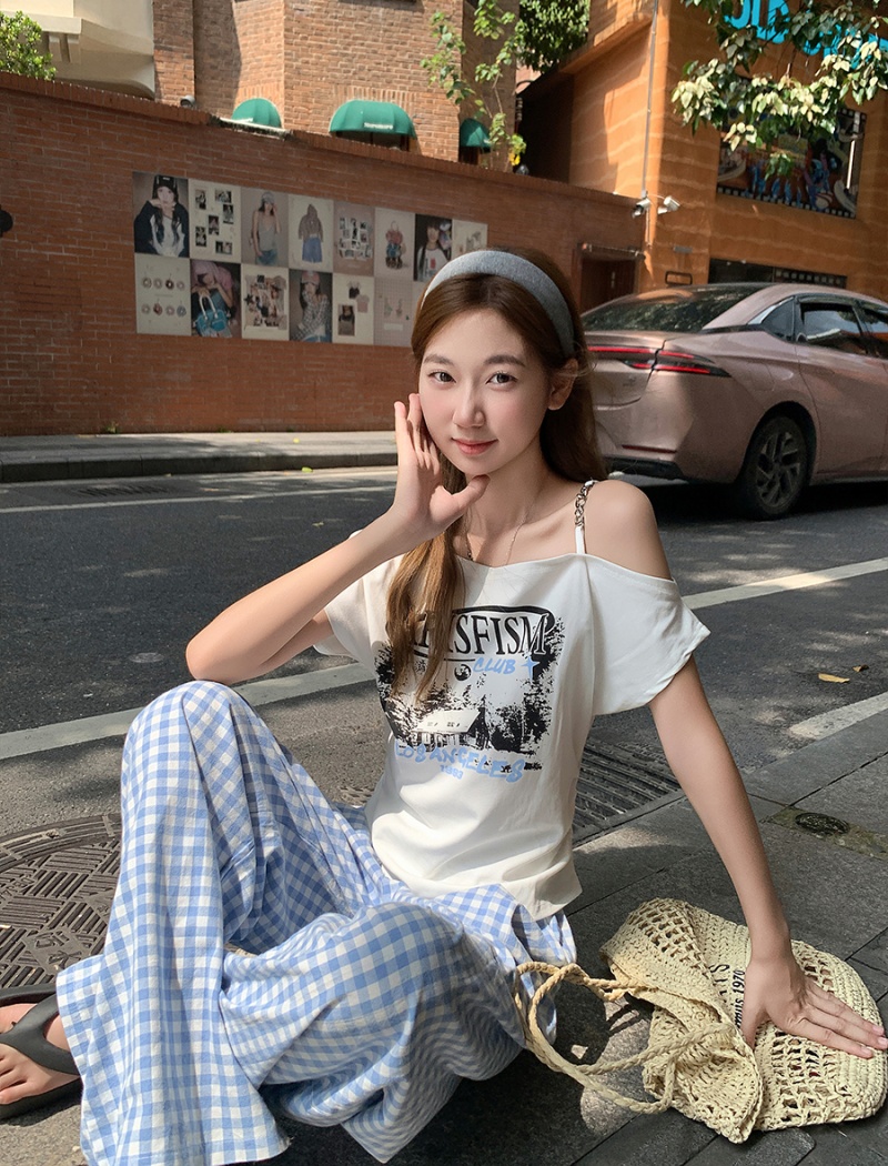 Printing tops sloping shoulder T-shirt for women