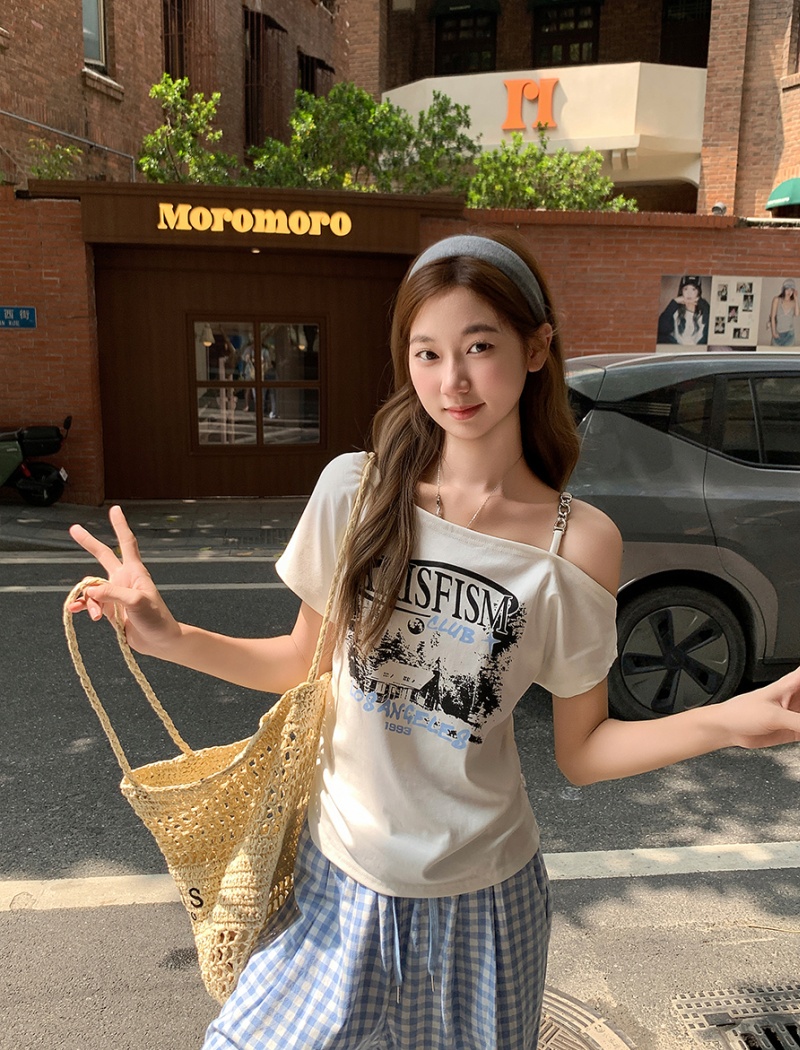 Printing tops sloping shoulder T-shirt for women