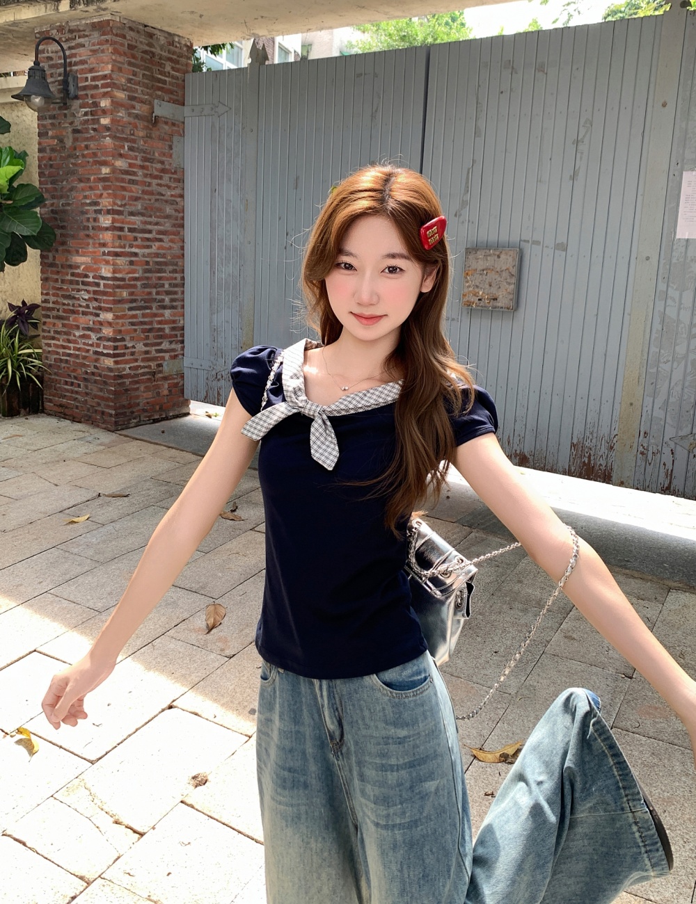 Slim bow T-shirt short sleeve France style tops for women