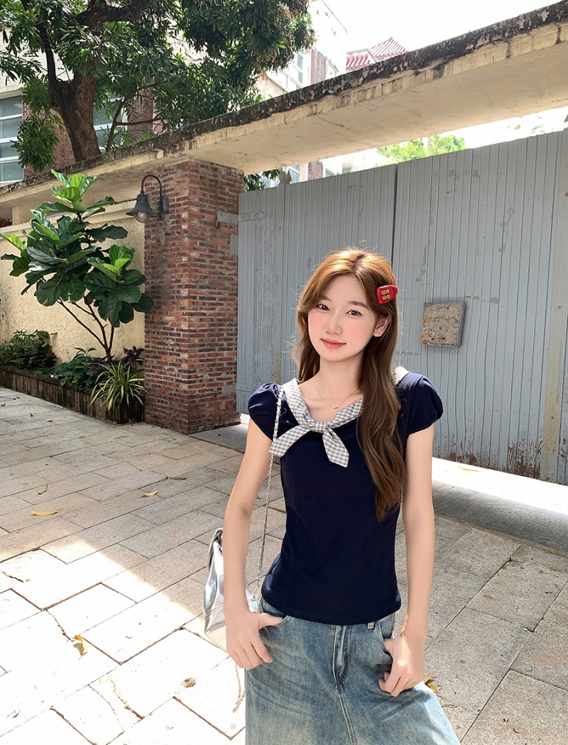 Slim bow T-shirt short sleeve France style tops for women