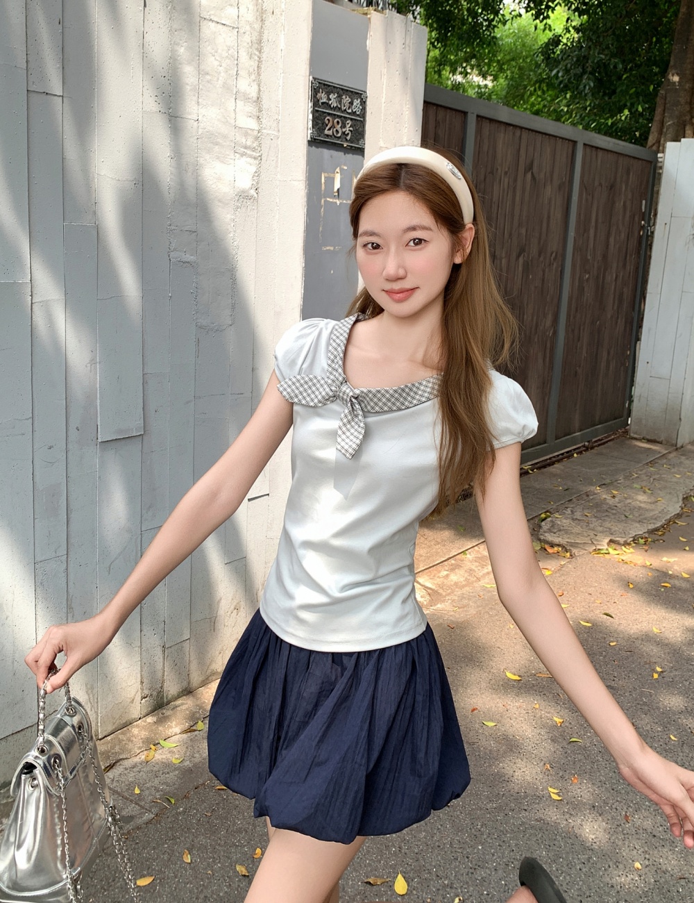 Slim bow T-shirt short sleeve France style tops for women