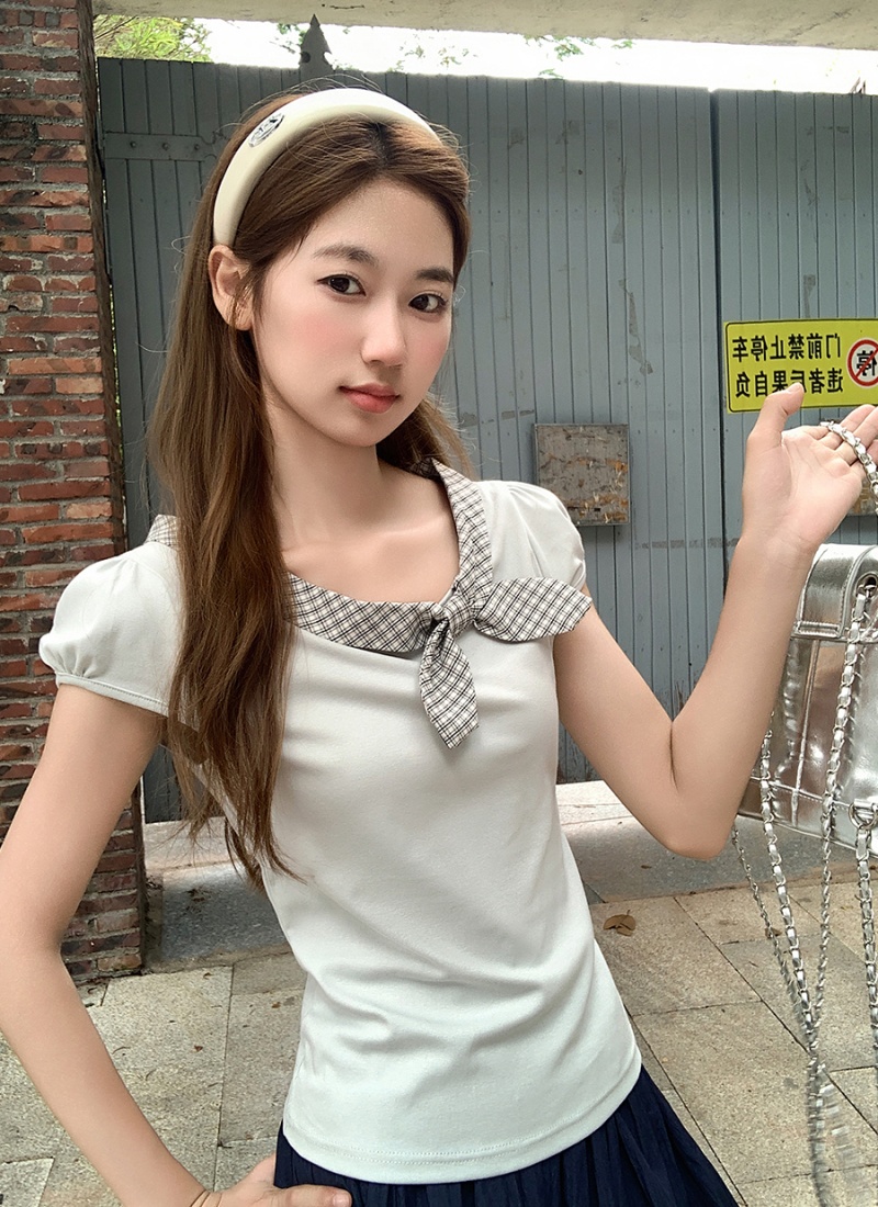 Slim bow T-shirt short sleeve France style tops for women