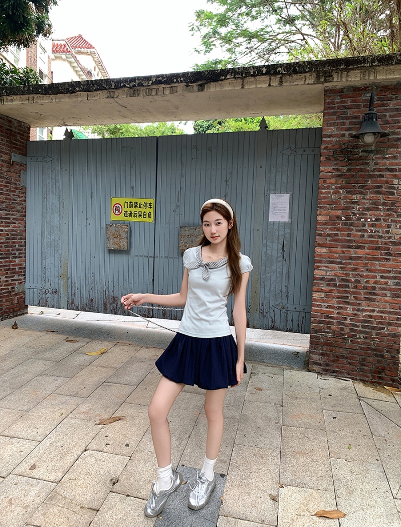 Slim bow T-shirt short sleeve France style tops for women