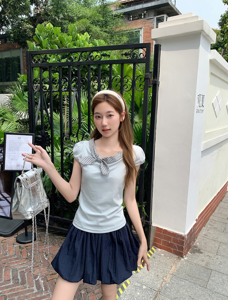 Slim bow T-shirt short sleeve France style tops for women