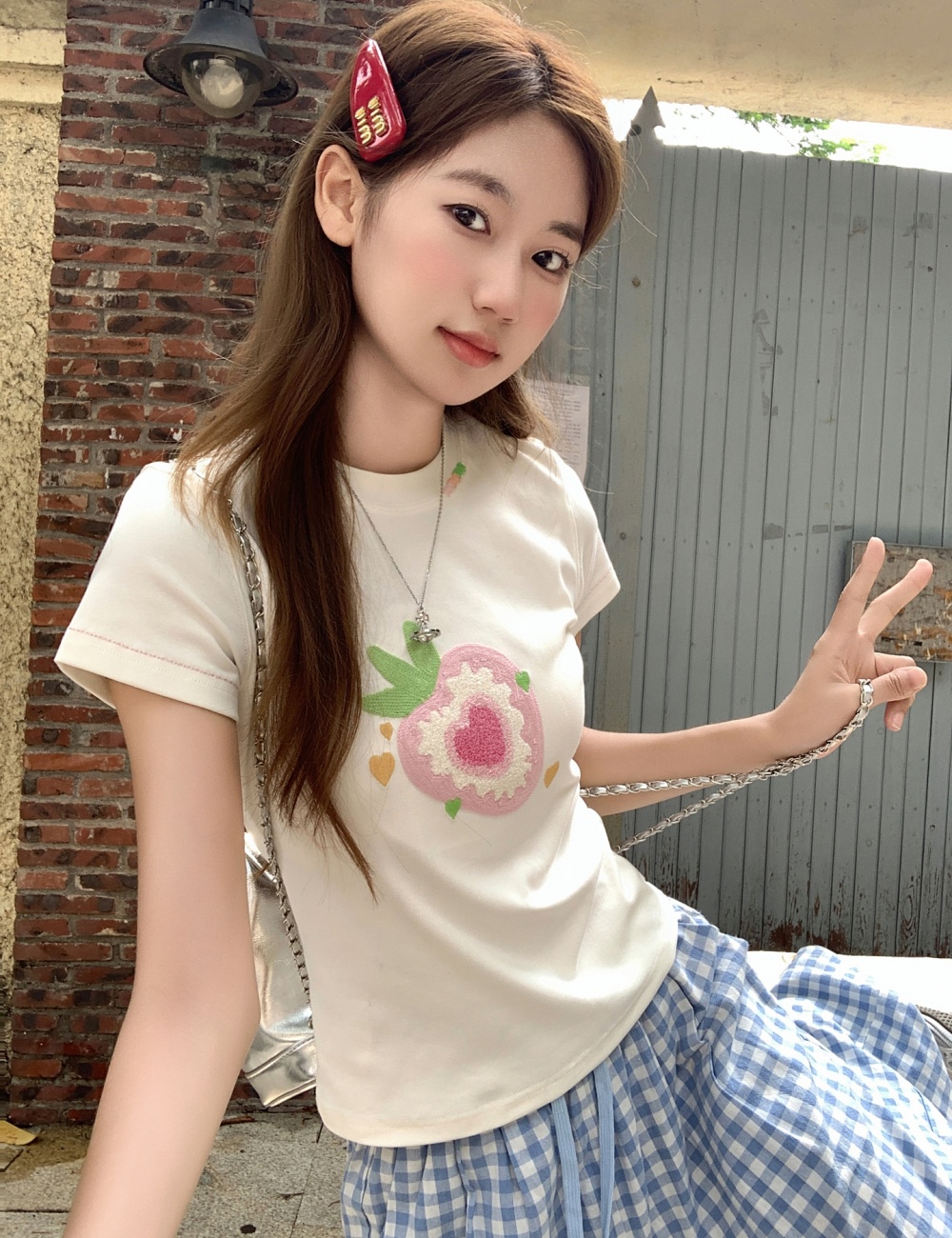 Strawberries white T-shirt American style tops for women