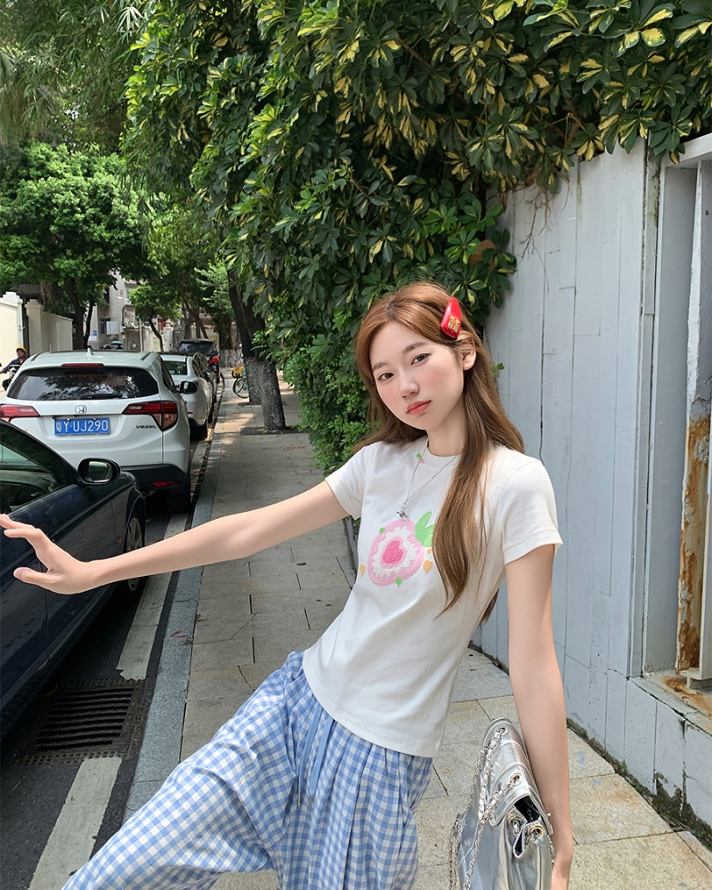 Strawberries white T-shirt American style tops for women