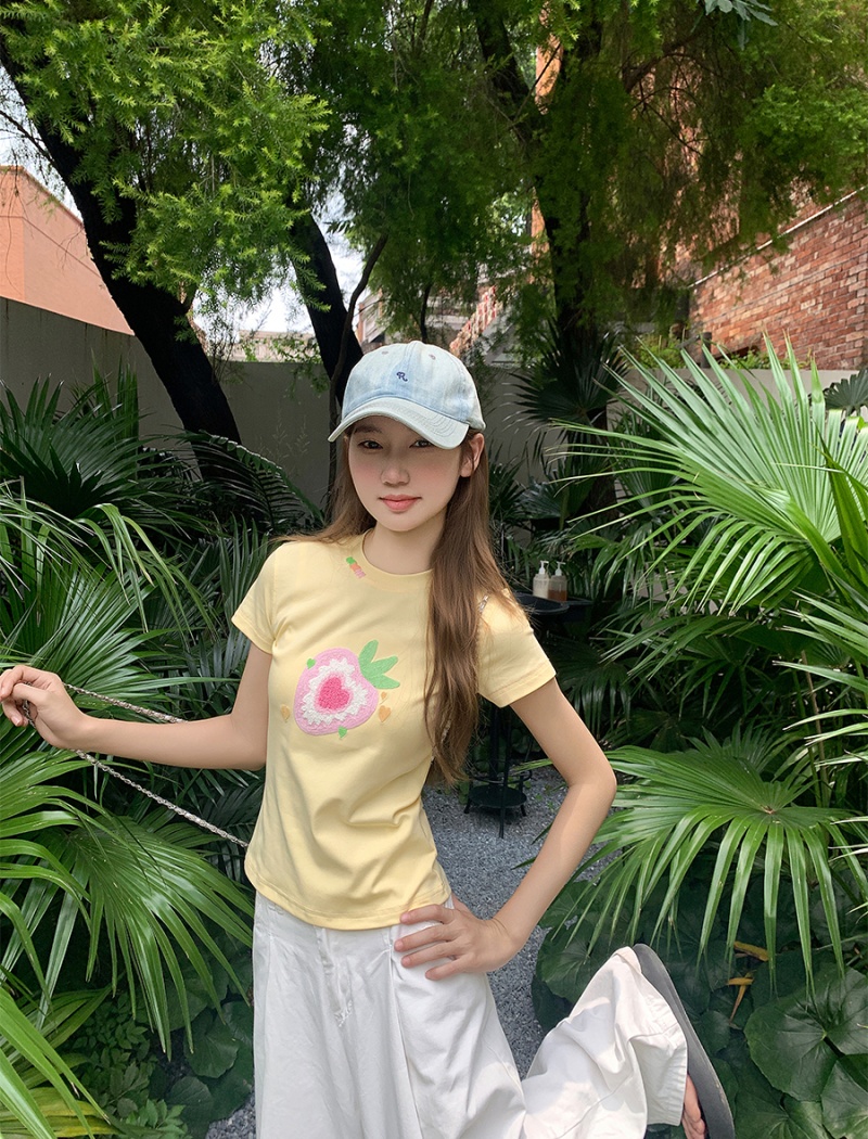 Strawberries white T-shirt American style tops for women