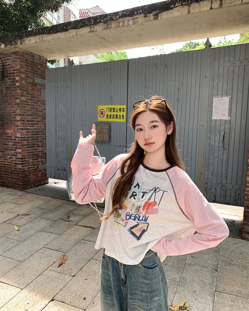 Raglan sleeve loose tops long sleeve T-shirt for women