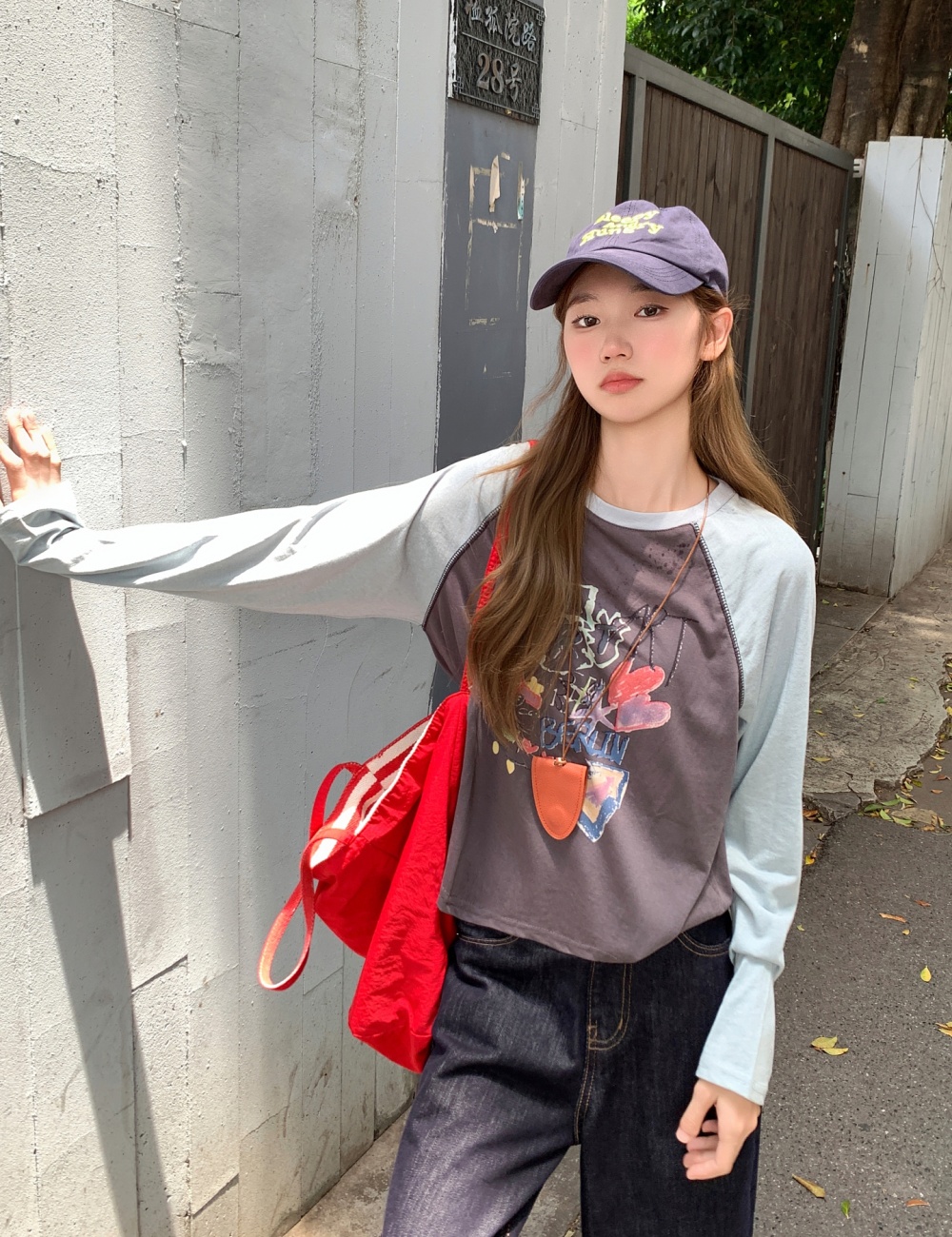 Raglan sleeve loose tops long sleeve T-shirt for women