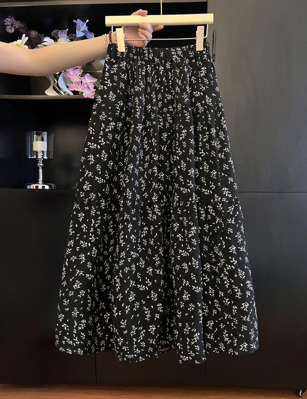 Floral black skirt A-line high waist long dress for women