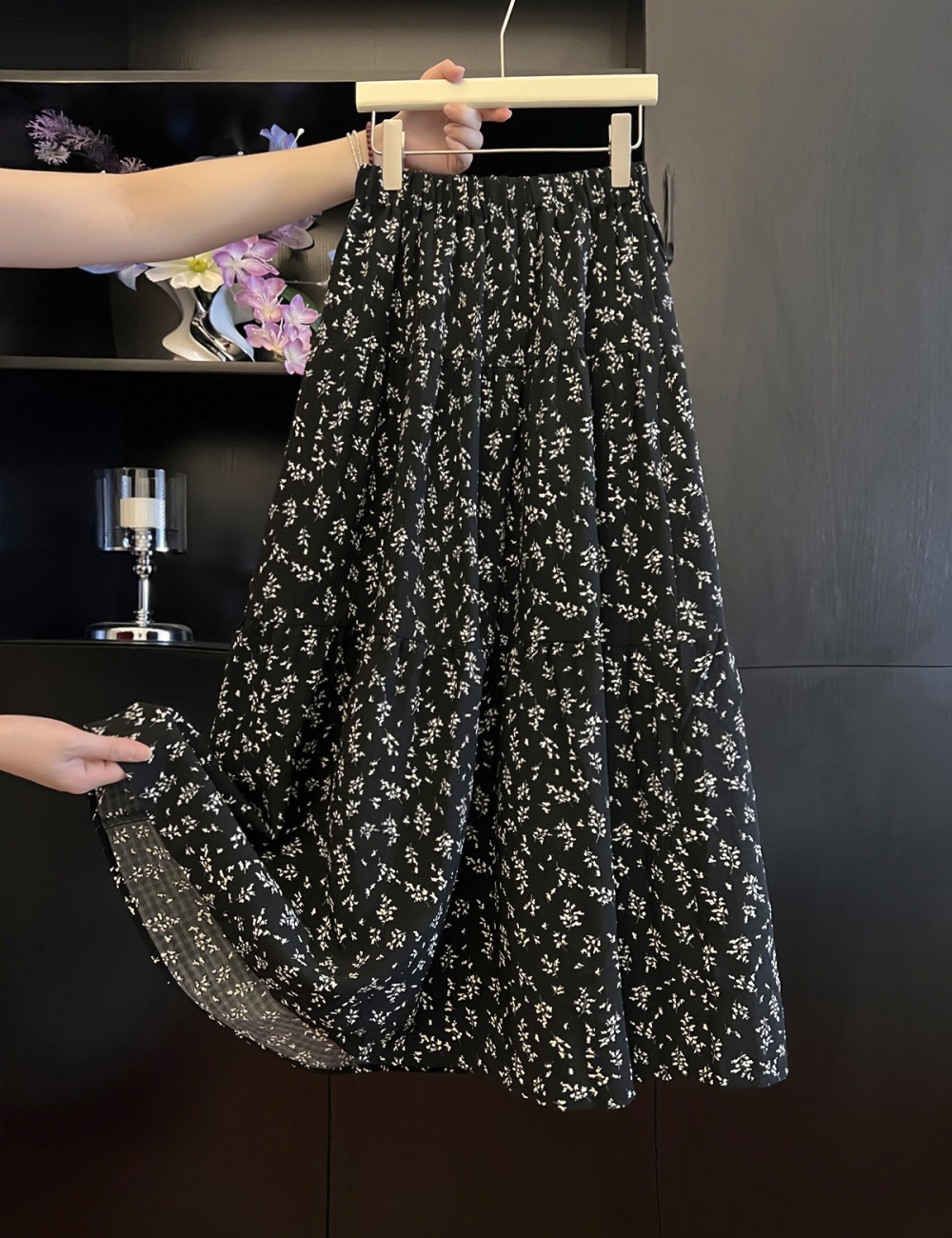 Floral black skirt A-line high waist long dress for women