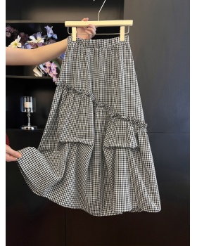 Black-white plaid France style elastic waist irregular A-line skirt