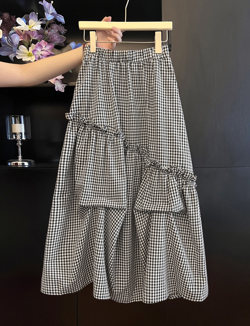 Black-white plaid France style elastic waist irregular A-line skirt