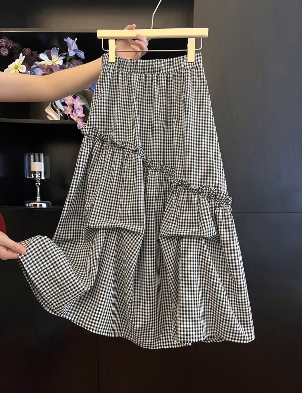 Black-white plaid France style elastic waist irregular A-line skirt