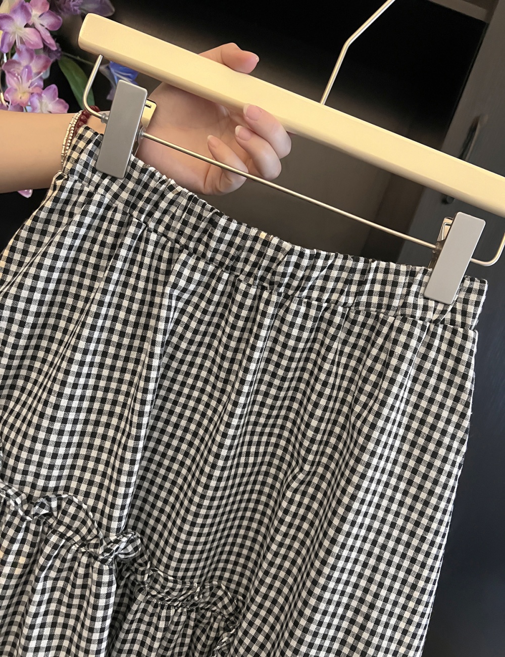 Black-white plaid France style elastic waist irregular A-line skirt