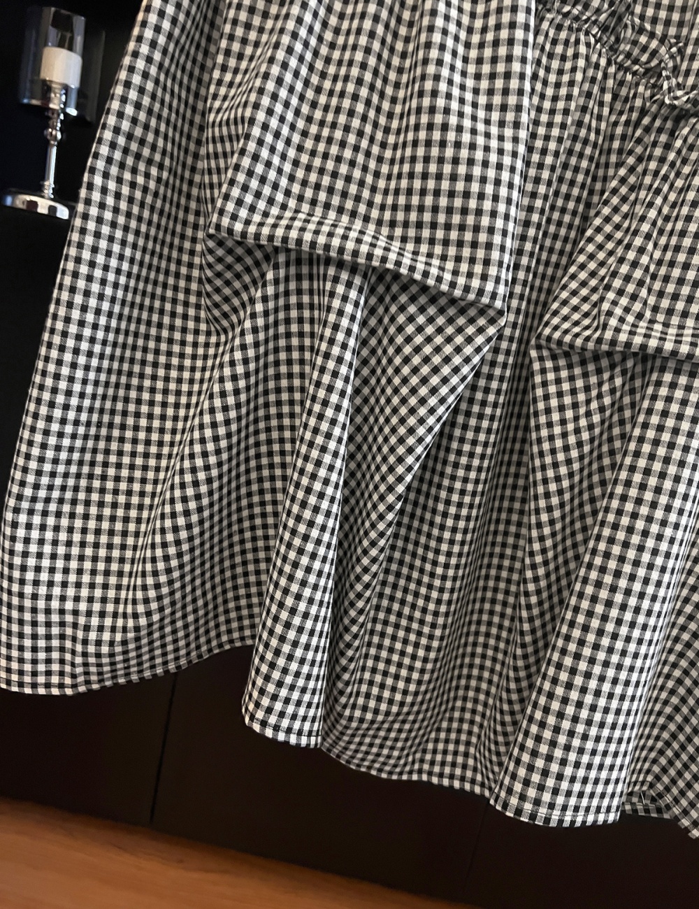 Black-white plaid France style elastic waist irregular A-line skirt